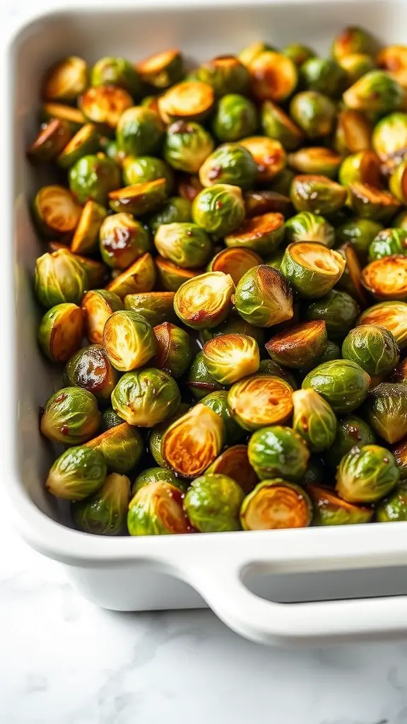 A dish of roasted Brussels sprouts with a golden-brown color and a glossy appearance.