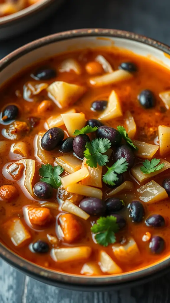 A bowl of sauerkraut and black bean chili topped with cilantro, featuring beans, vegetables, and a rich broth.