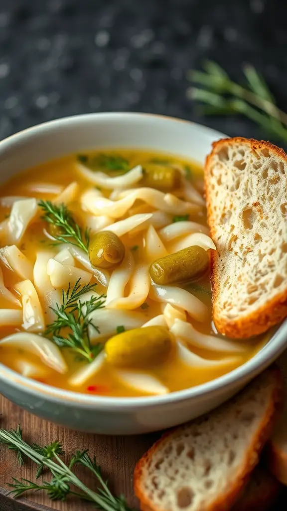 A bowl of sauerkraut and dill pickle soup with noodles and bread on the side.