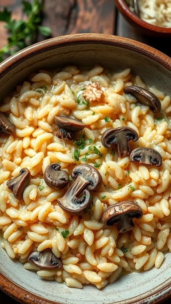 A bowl of creamy sauerkraut and mushroom risotto garnished with parsley.