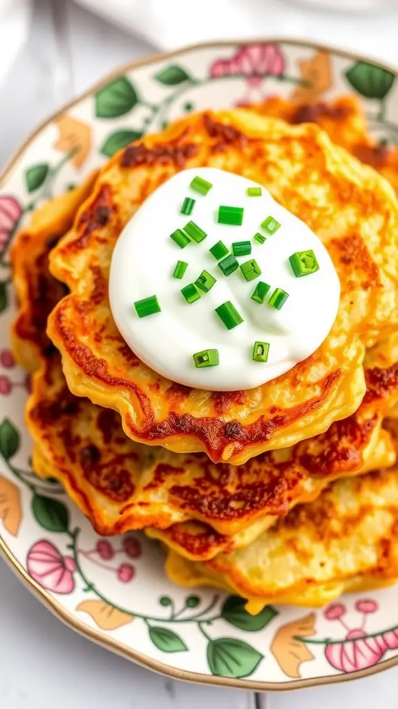 A stack of sauerkraut potato pancakes topped with sour cream and chives on a decorative plate.