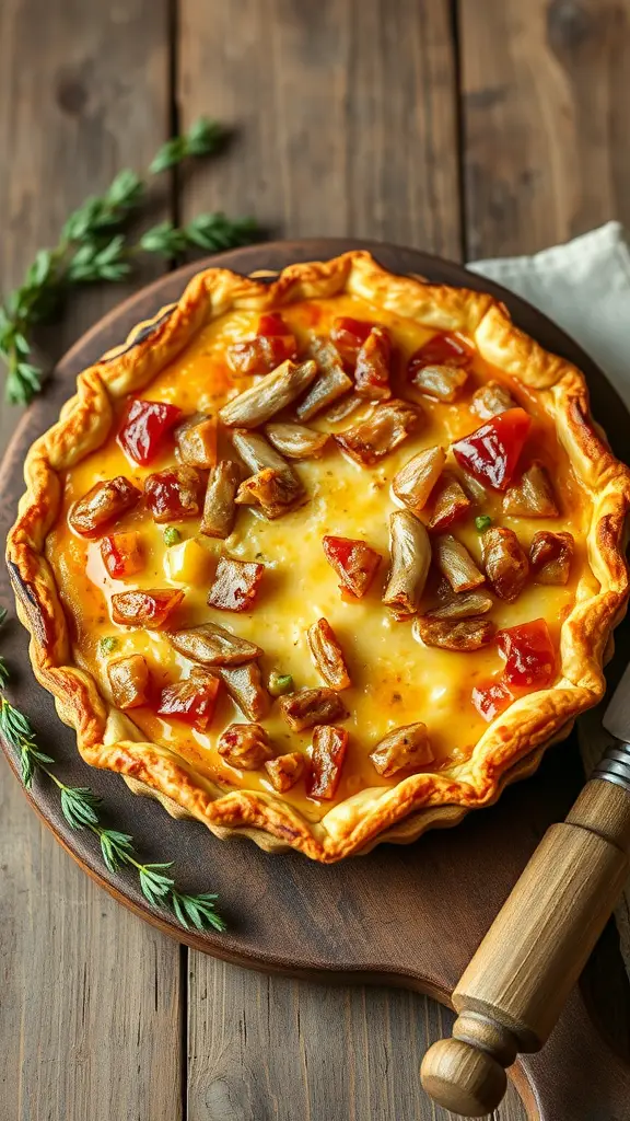 A delicious sauerkraut quiche topped with Gruyere cheese and colorful vegetables.