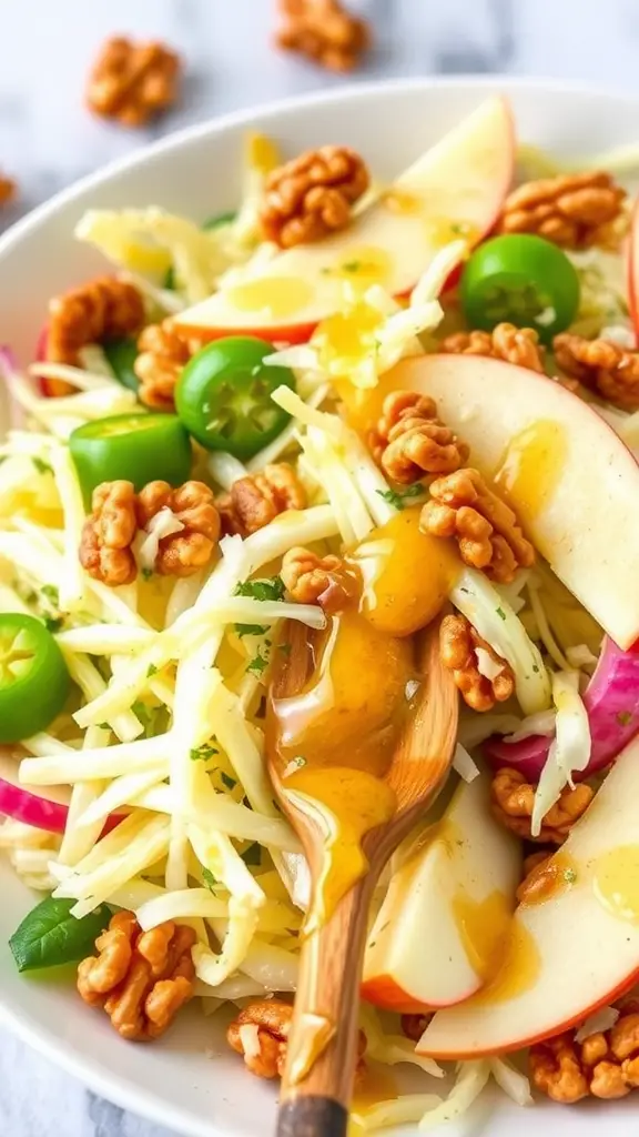 A colorful sauerkraut salad featuring apples, walnuts, and green peppers on a white plate.