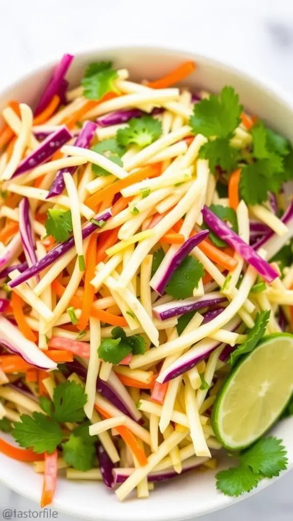 A colorful bowl of sauerkraut slaw with various shredded vegetables and cilantro, garnished with lime.