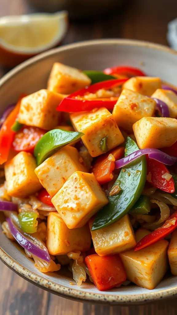 A colorful bowl of sauerkraut stir-fry with tofu and assorted vegetables.