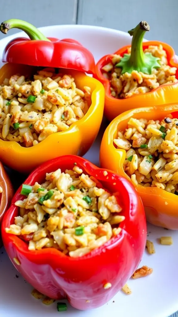 Colorful bell peppers stuffed with rice and sauerkraut