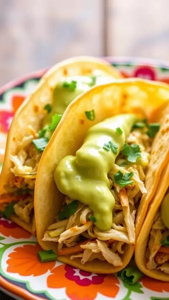 Three delicious sauerkraut tacos topped with avocado cream and garnished with cilantro.