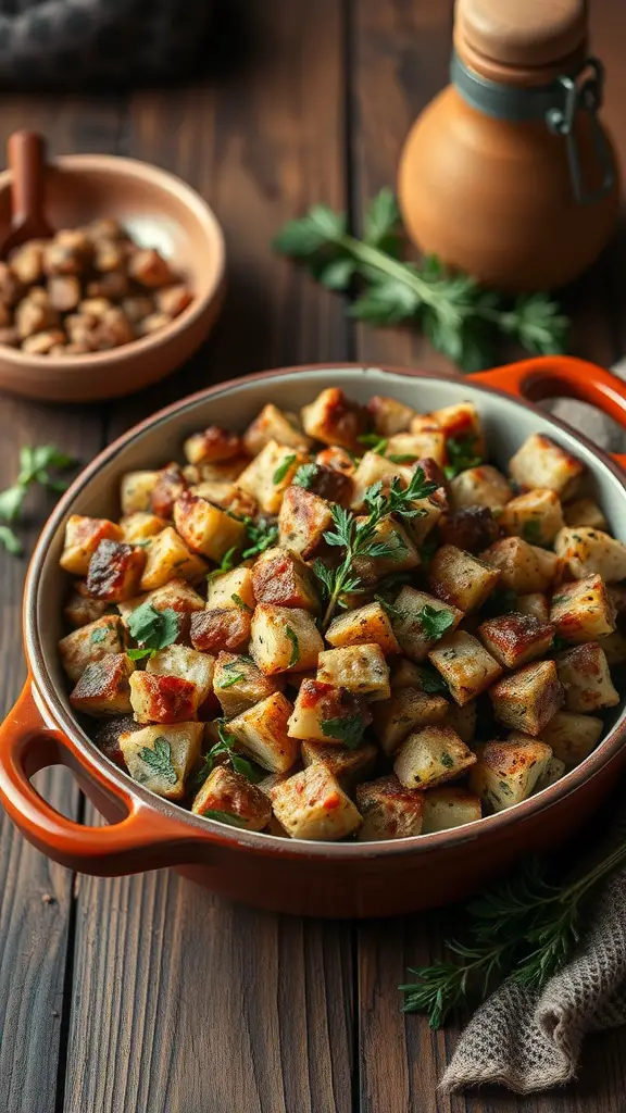 A dish of golden brown herb stuffing cubes garnished with fresh herbs, served in a rustic pot.