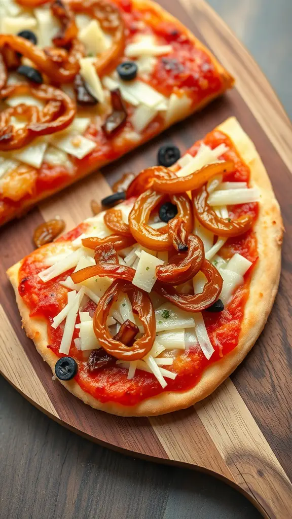 A slice of sauerkraut pizza topped with caramelized onions and olives on a wooden serving board.