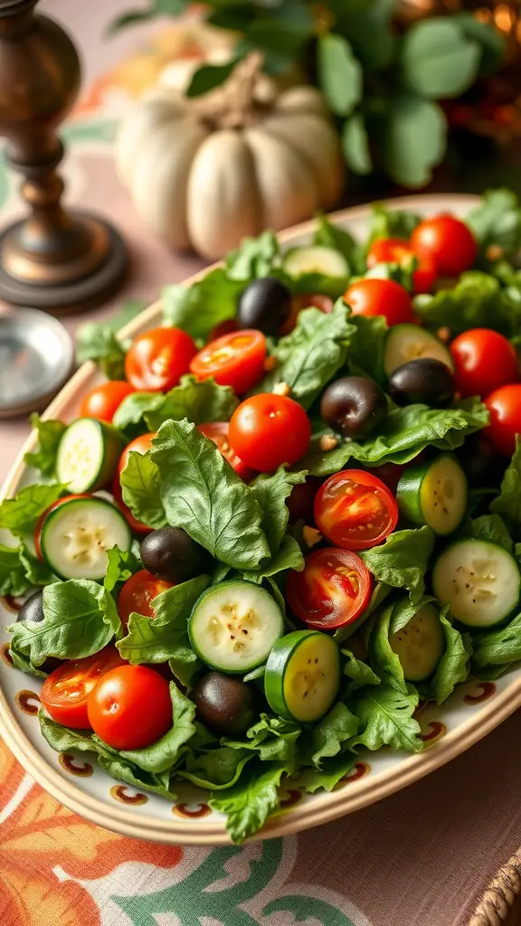 A vibrant mixed greens salad with cherry tomatoes and cucumber slices on a decorative plate.