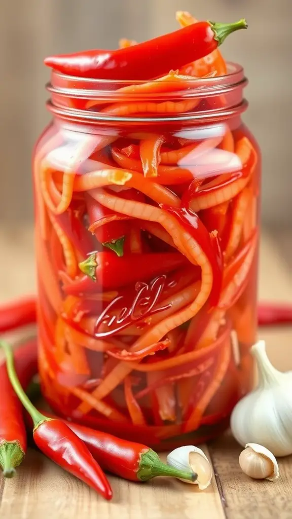 A jar filled with spicy red peppers and garlic, perfect for kimchi-style sauerkraut.