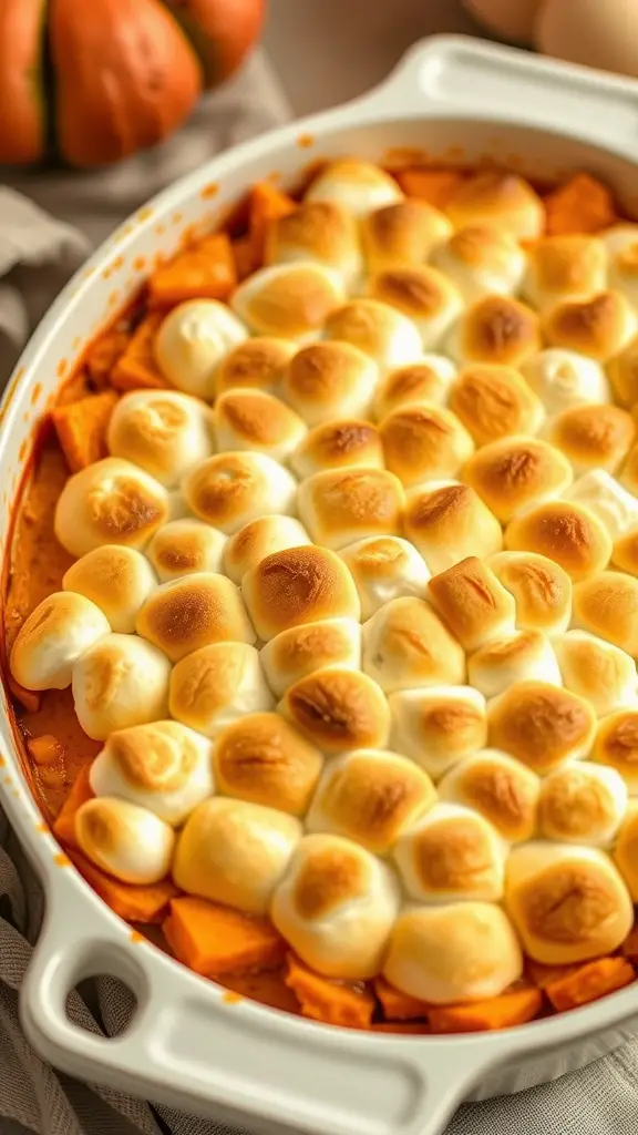 A delicious sweet potato casserole topped with golden marshmallows.