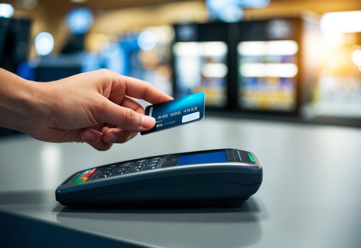 A hand swiping a cashback credit card through a card reader at a store checkout counter