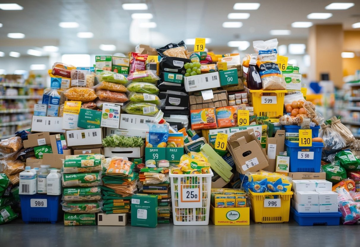 A variety of items, such as groceries, household goods, and office supplies, are piled together in large quantities, with price tags showing discounted rates