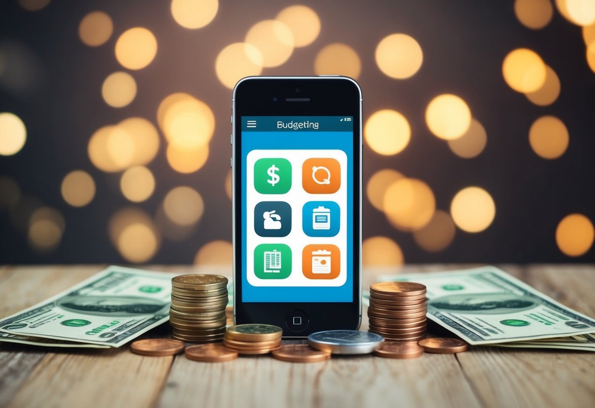 A smartphone displaying budgeting app icons surrounded by coins and dollar bills