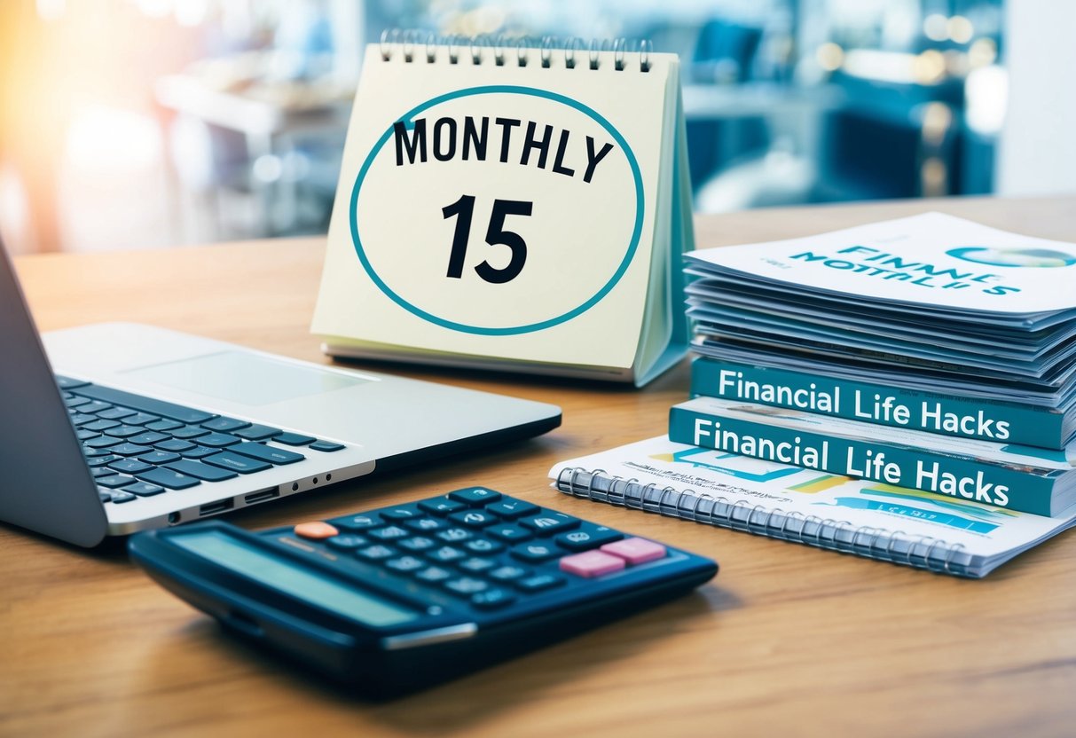 A desk with a laptop, calculator, and financial documents. A calendar with "monthly 15" circled. A stack of magazines labeled "financial life hacks."