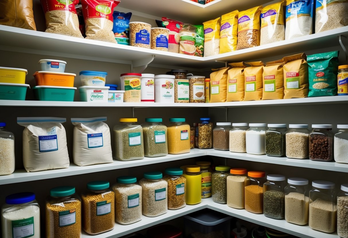 A pantry filled with shelves stocked with bags and containers of rice in various types and sizes, with a diverse array of rice varieties on display