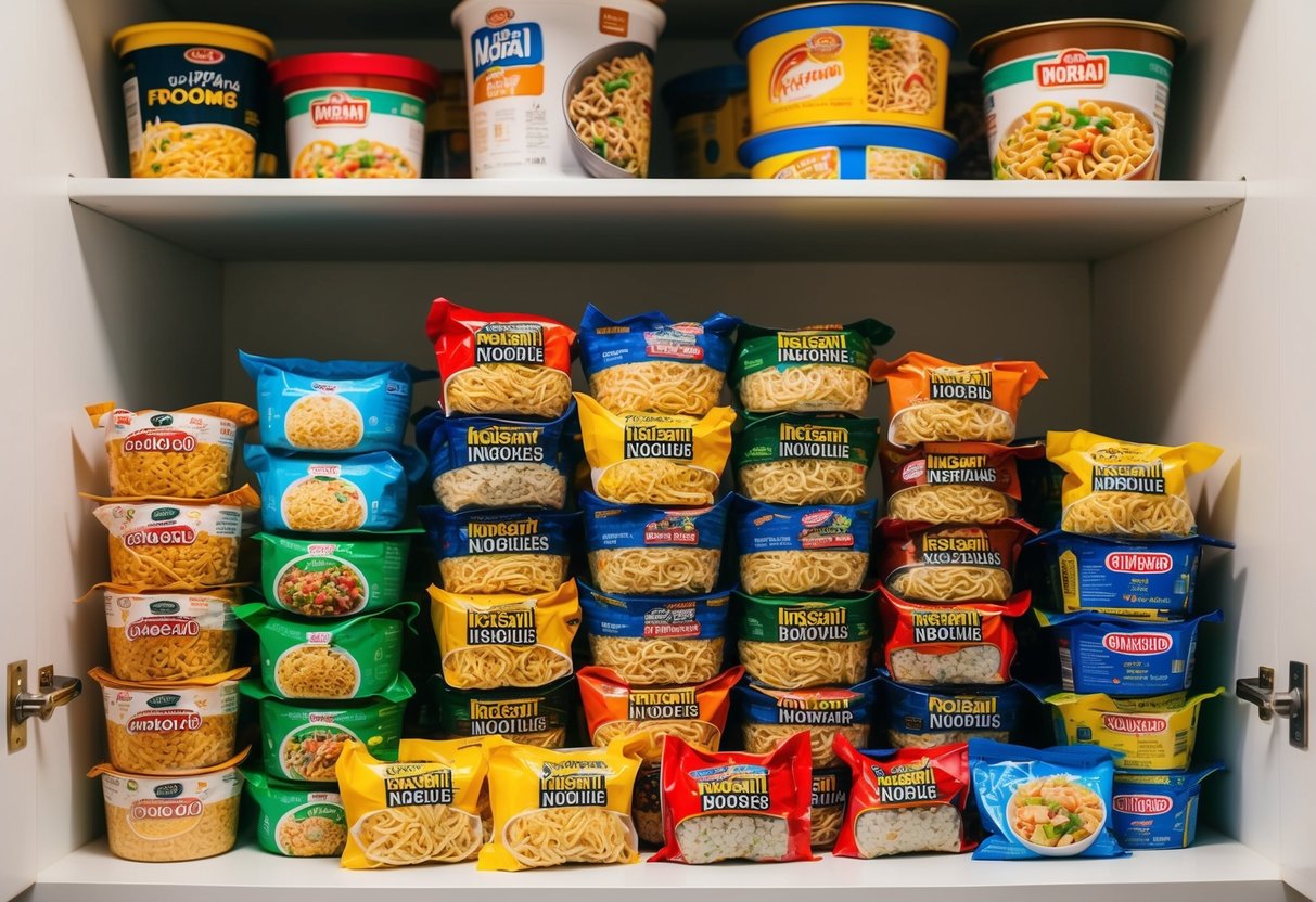 A pantry filled with stacks of instant noodles in various flavors and packaging, creating a colorful and chaotic display