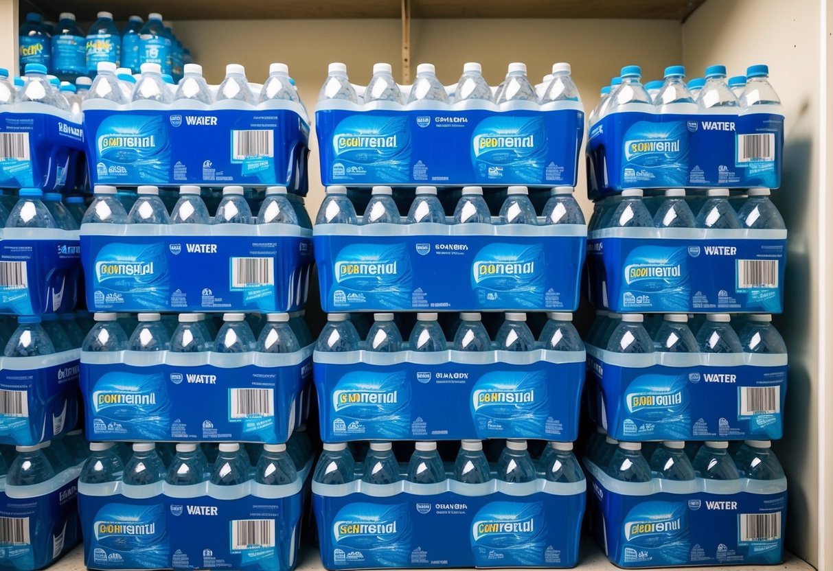 A stockpile of 30 cases of bottled water stacked neatly in a pantry or storage room