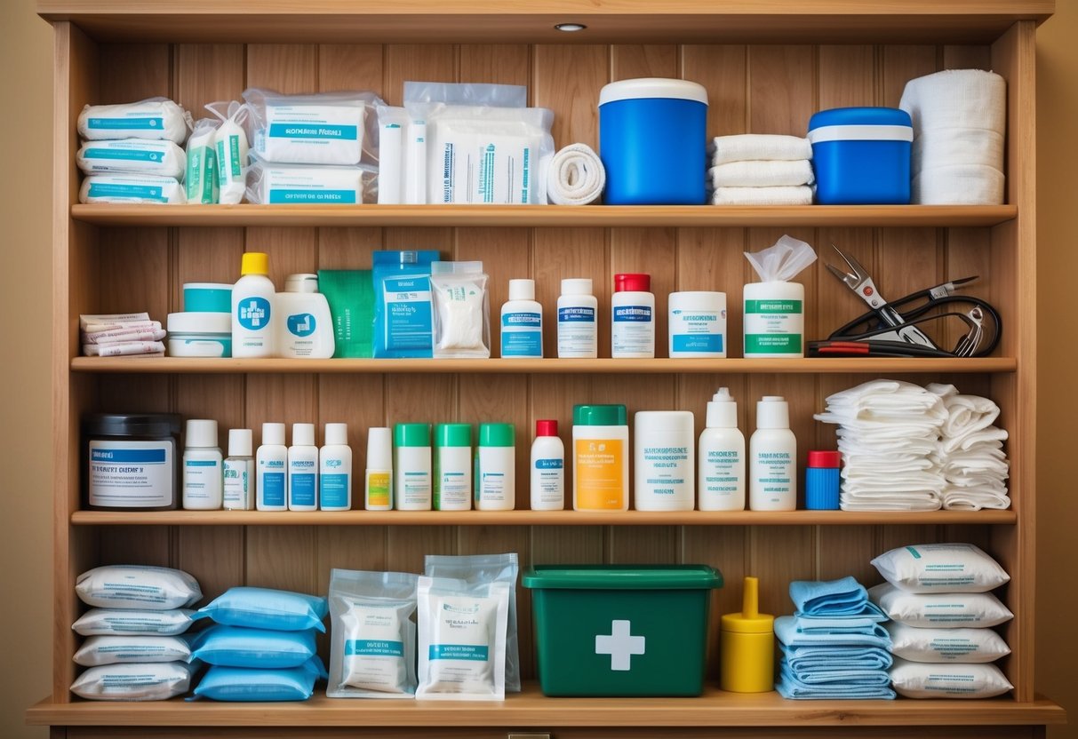 A wooden shelf filled with neatly organized first aid supplies, including bandages, antiseptic wipes, gauze, and various medical tools