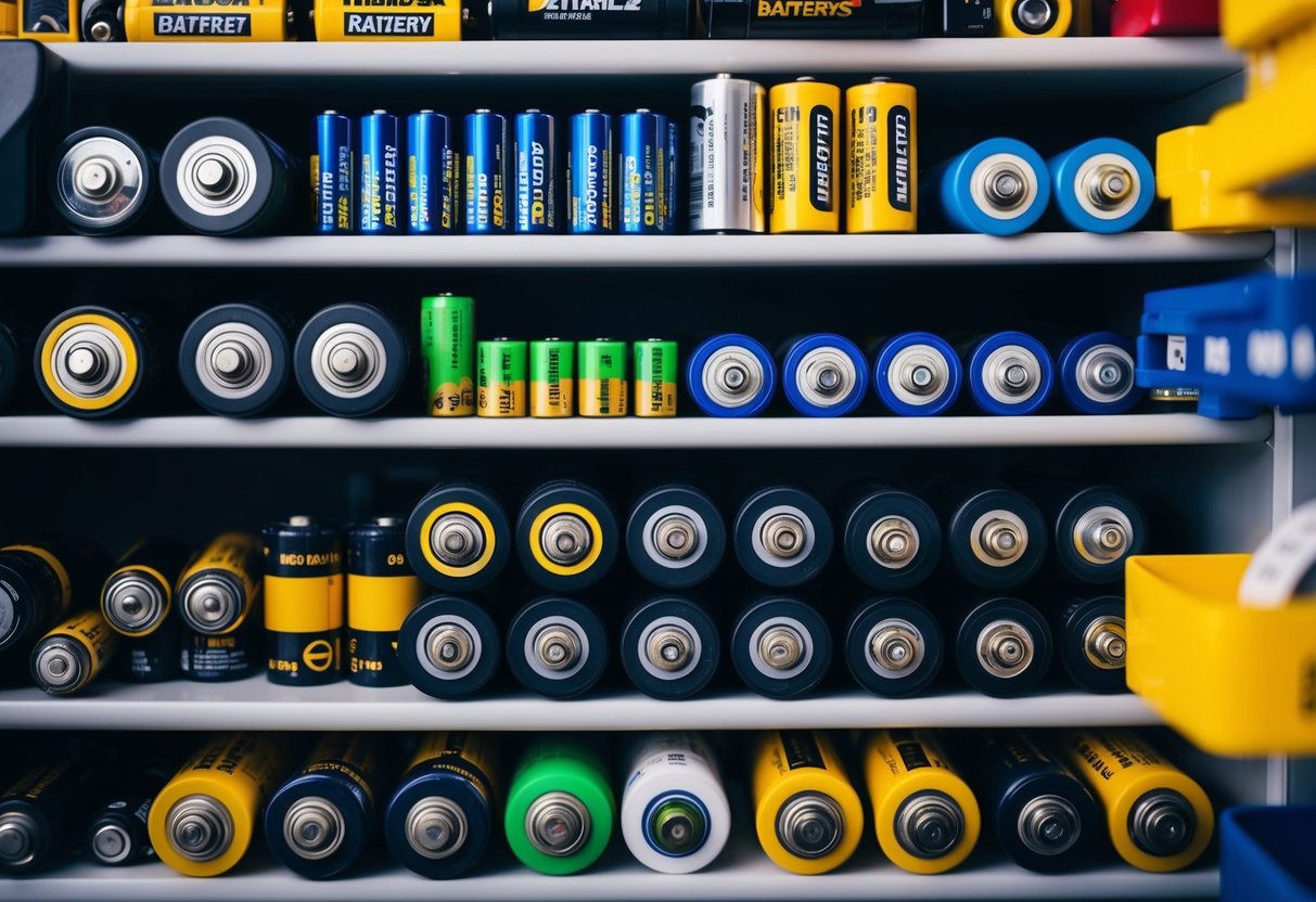 A cluttered shelf filled with various sizes and types of batteries, neatly organized and labeled