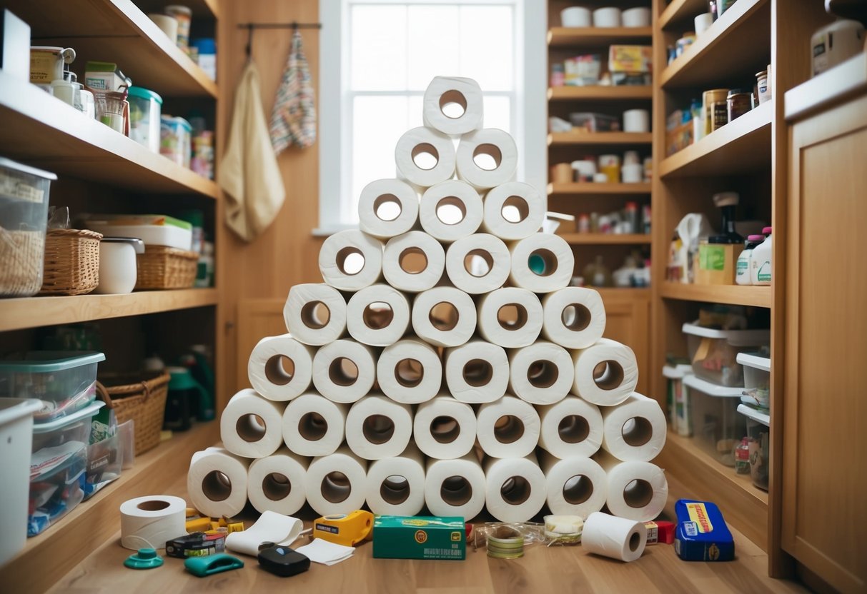 A mountain of toilet paper rolls stacked in a pantry, with various household items scattered around