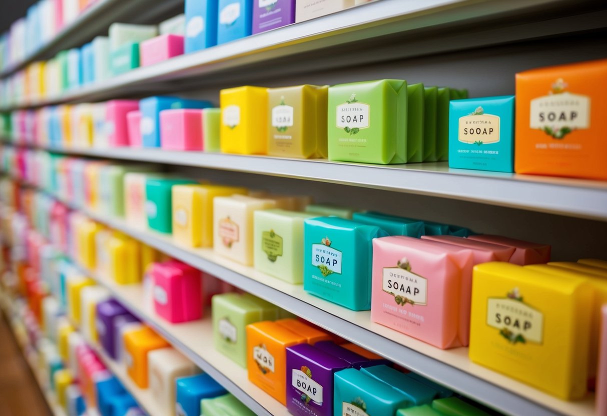 A shelf filled with various types of soap bars in colorful packaging, neatly organized in rows