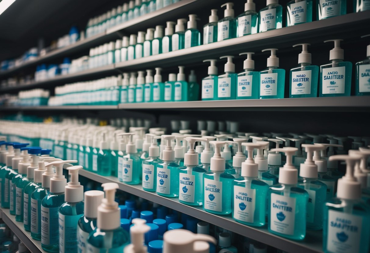 A crowded shelf filled with rows of hand sanitizer bottles in various sizes and shapes, creating a sense of urgency and necessity