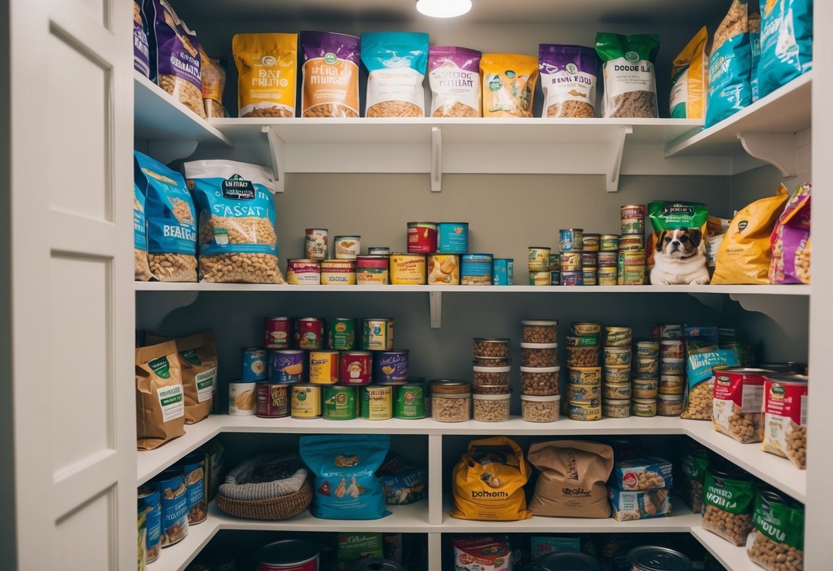 A pantry filled with shelves of pet food in various forms and flavors, with bags, cans, and boxes stacked neatly in rows