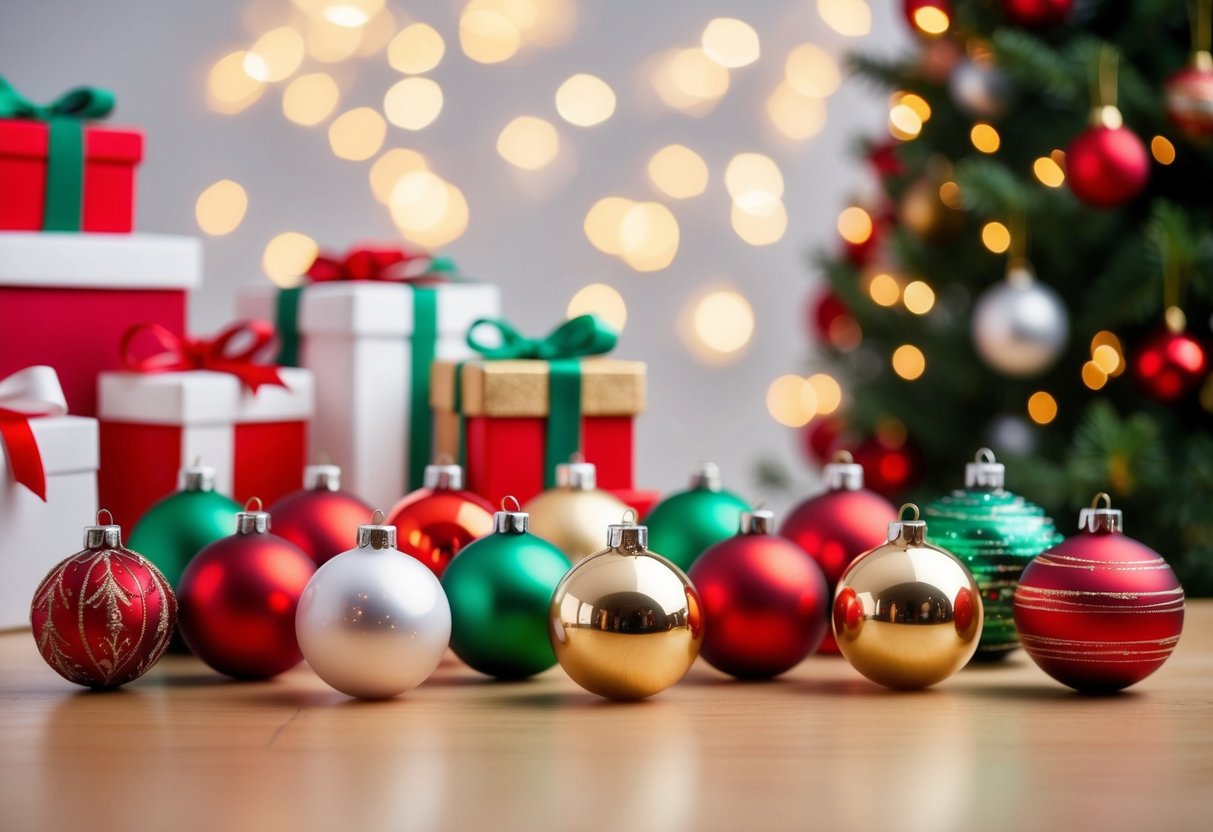 A festive display of 20 Hallmark holiday ornaments arranged in a decorative manner, ready to be given as Christmas gifts to neighbors