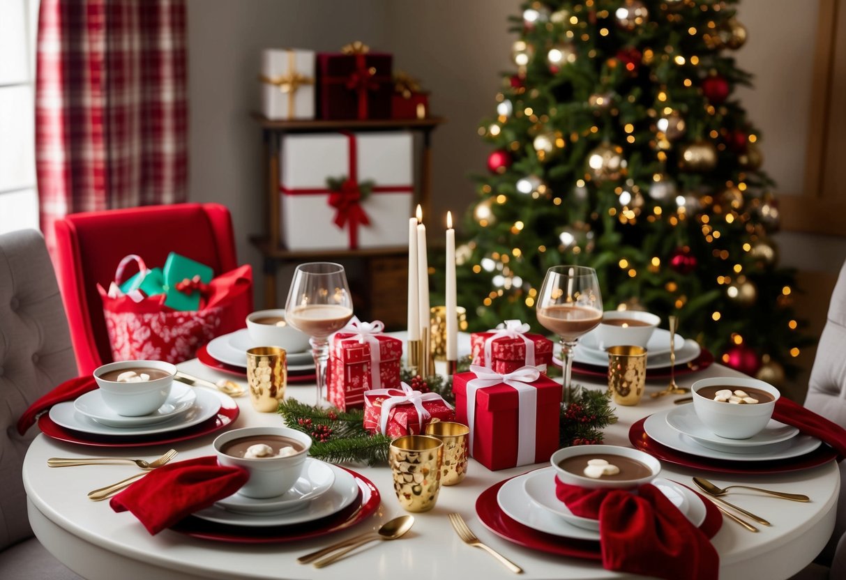 A cozy Christmas scene with a table set for 20, featuring Williams Sonoma hot chocolate and festive gifts for neighbors