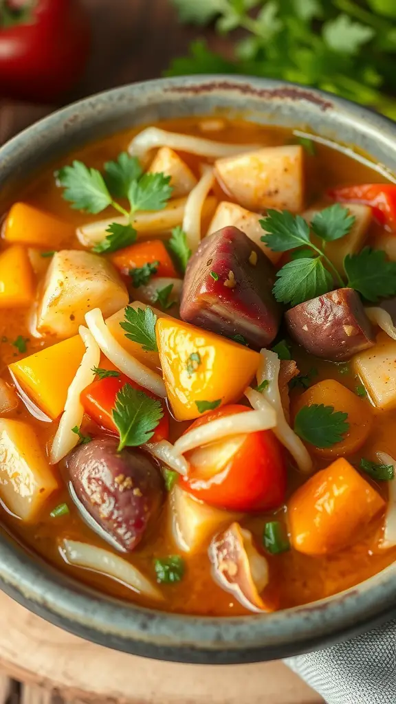 A hearty bowl of vegetarian sauerkraut stew with colorful vegetables and herbs.