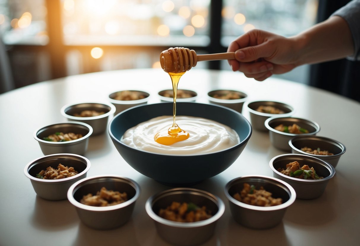 A bowl of Greek yogurt with a drizzle of honey, surrounded by 25 small meal containers, set on a table