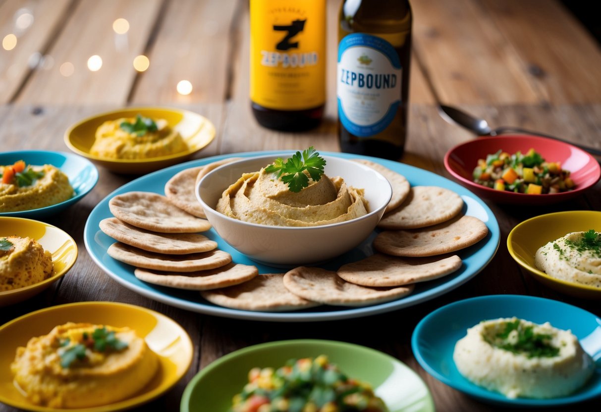 A plate of whole wheat pita with hummus surrounded by 25 colorful meals, with a bottle of zepbound in the background