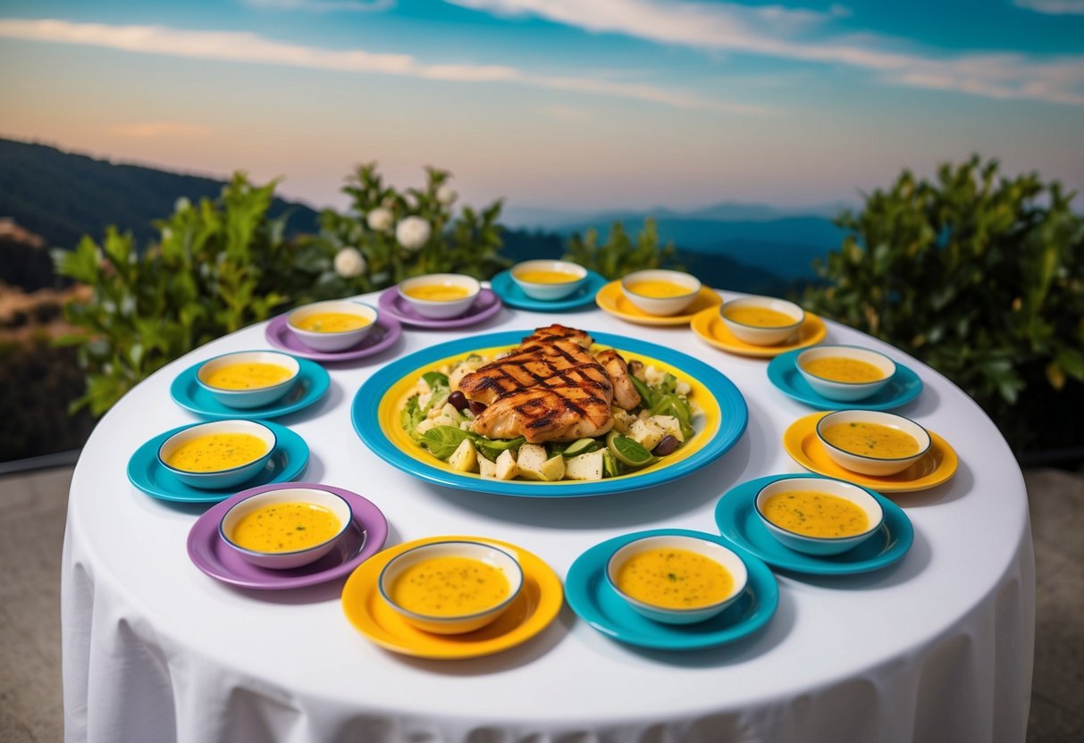 A colorful plate with grilled chicken salad surrounded by 25 smaller plates, all arranged on a table with a scenic backdrop