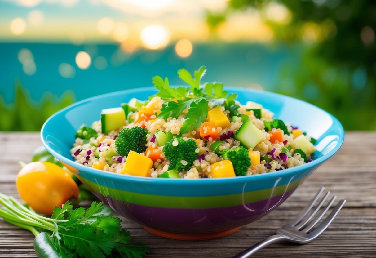 A colorful bowl filled with quinoa, mixed vegetables, and vibrant greens, set against a backdrop of a serene and peaceful environment