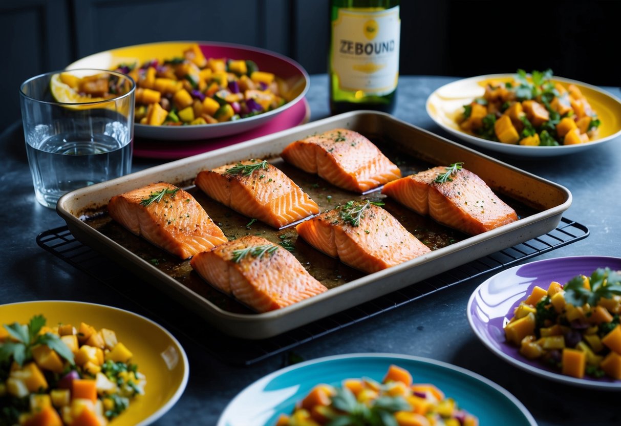 A tray of oven-baked salmon fillets surrounded by colorful side dishes, set on a table with a glass of water and a bottle of zepbound