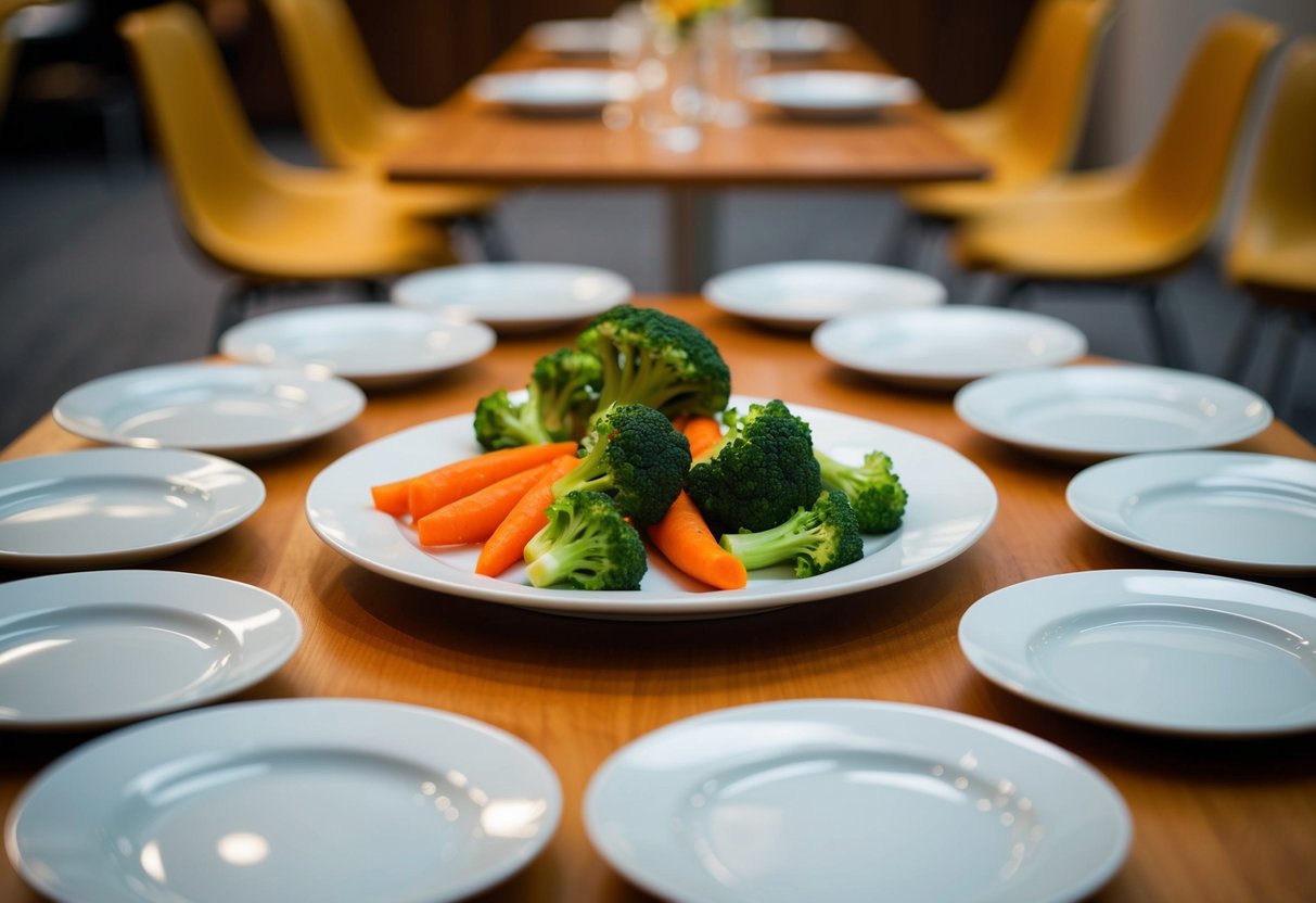 A plate of steamed broccoli and carrots surrounded by 25 smaller plates, all arranged neatly on a table