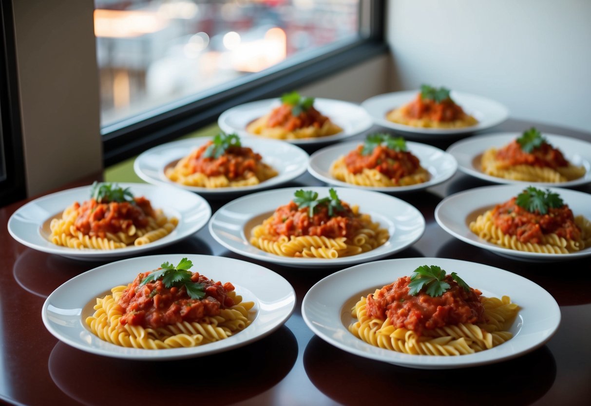 A table set with 25 plates of whole grain pasta topped with tomato sauce