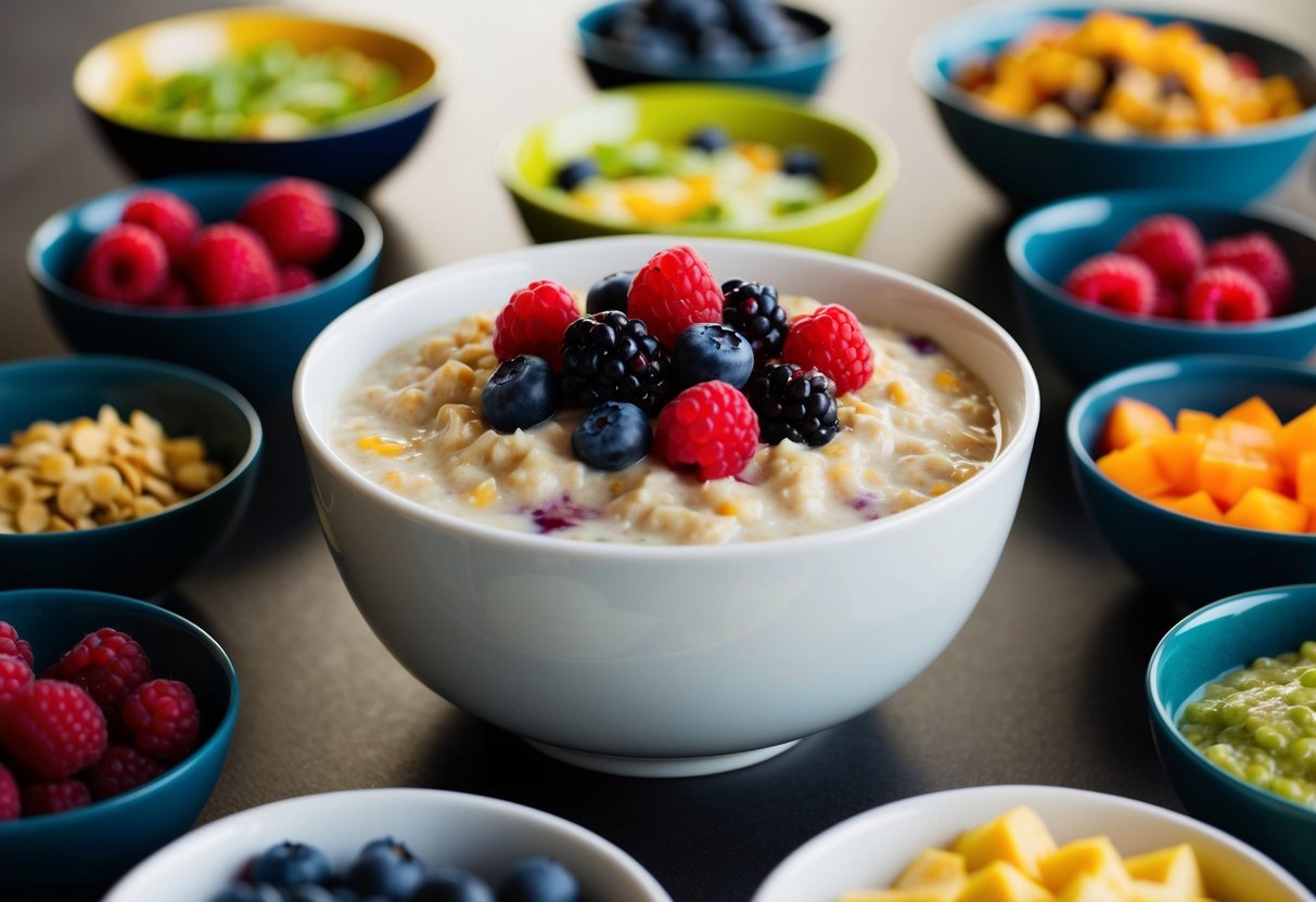 A bowl of oatmeal topped with fresh berries, surrounded by 25 other colorful and nutritious meals, set on a table