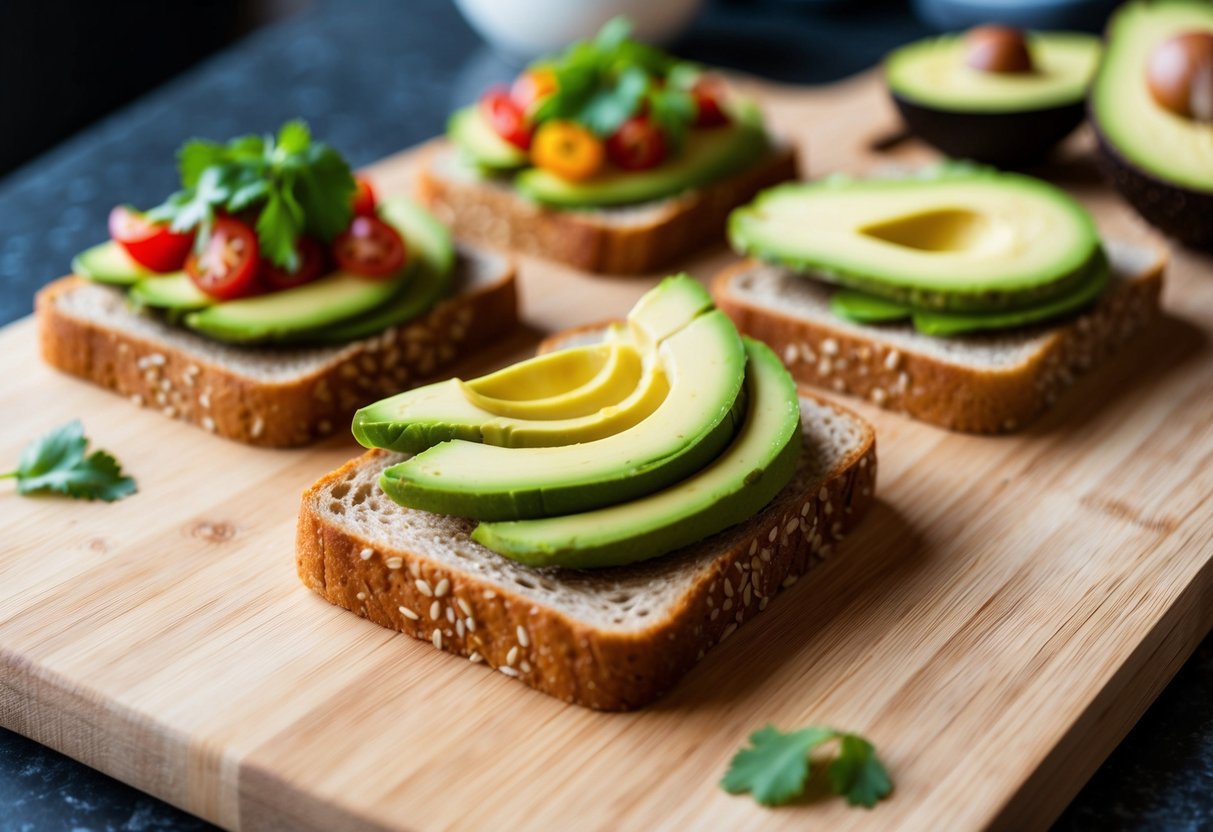 Avocado toast on whole grain bread with various toppings arranged on a wooden serving board