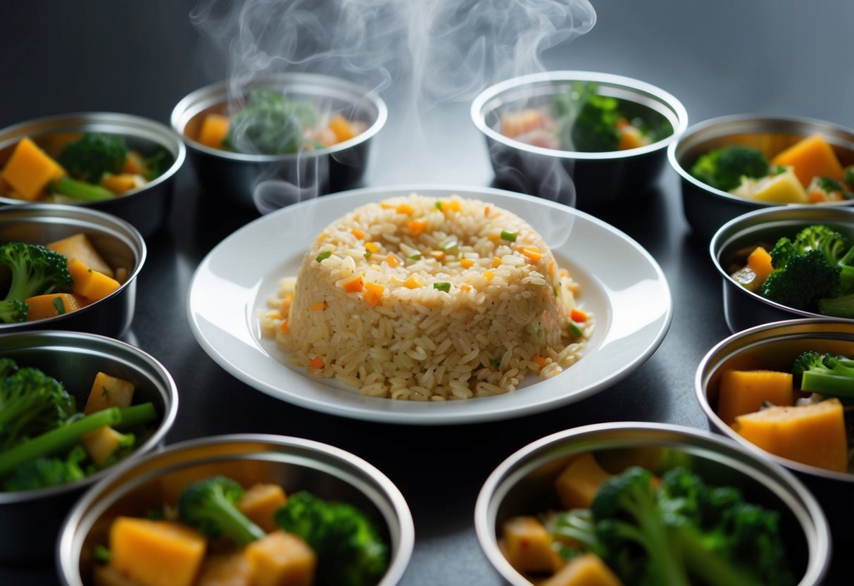 A steaming plate of brown rice and mixed vegetables surrounded by 25 separate meal containers, ready to be eaten while taking zepbound