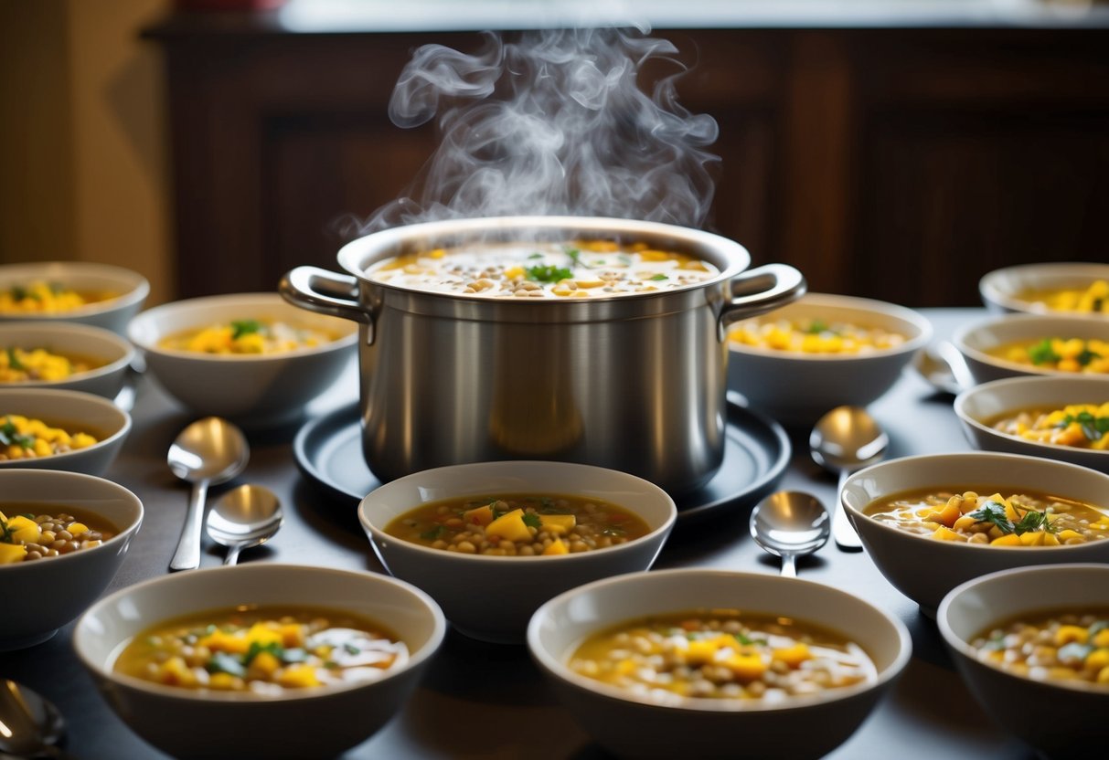 A steaming pot of lentil soup surrounded by 25 bowls and spoons on a table