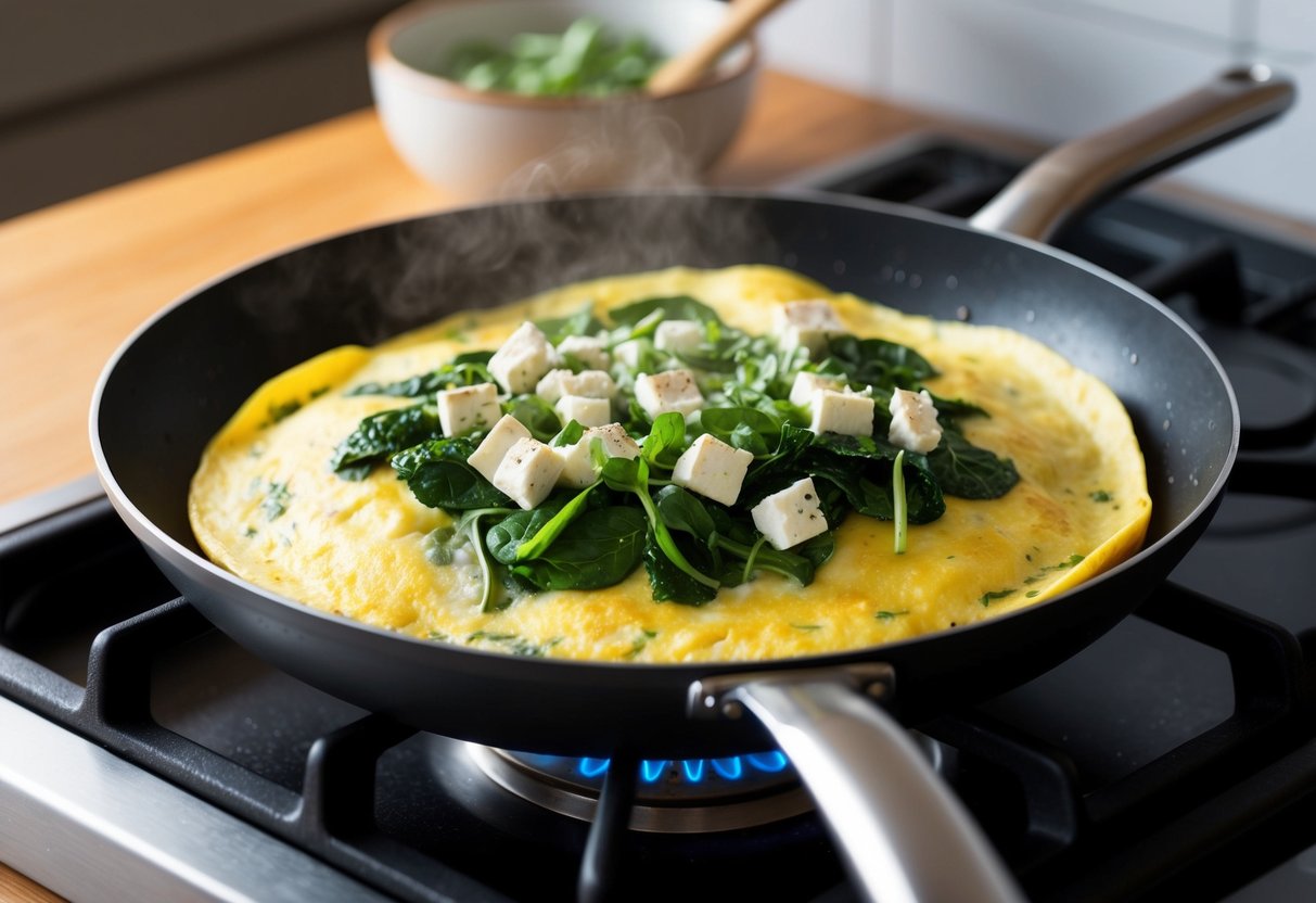 A sizzling omelette filled with spinach and feta cooking on a non-stick skillet