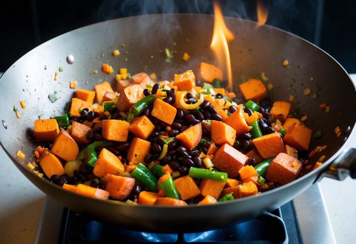 A colorful stir-fry sizzling in a wok, with chunks of sweet potato and black beans mixed with vibrant vegetables, all cooking over a hot flame