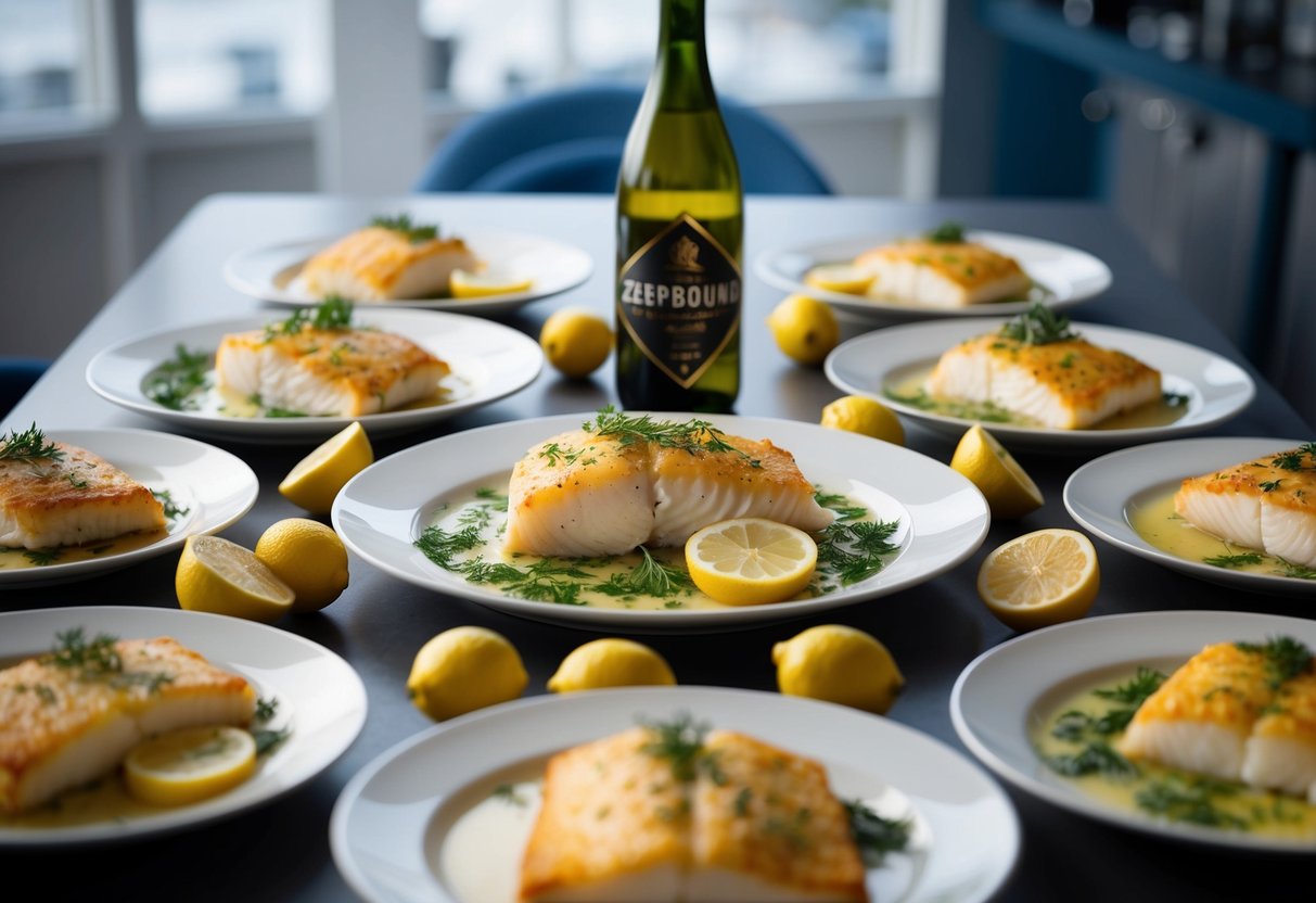 A plate of baked cod with lemon and herbs surrounded by 25 meals, set on a table with a bottle of zepbound