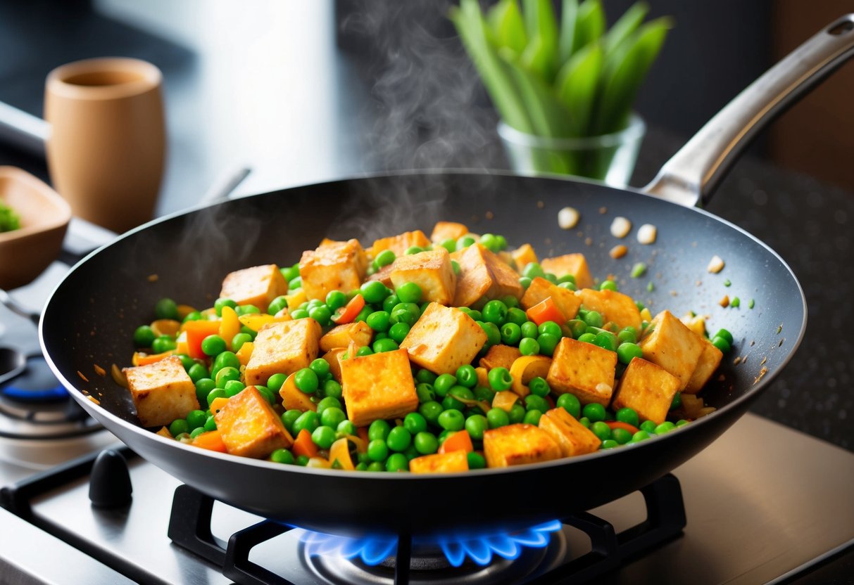 A sizzling wok filled with colorful tofu stir-fry and vibrant green peas, ready to be served for 25 meals while taking zepbound