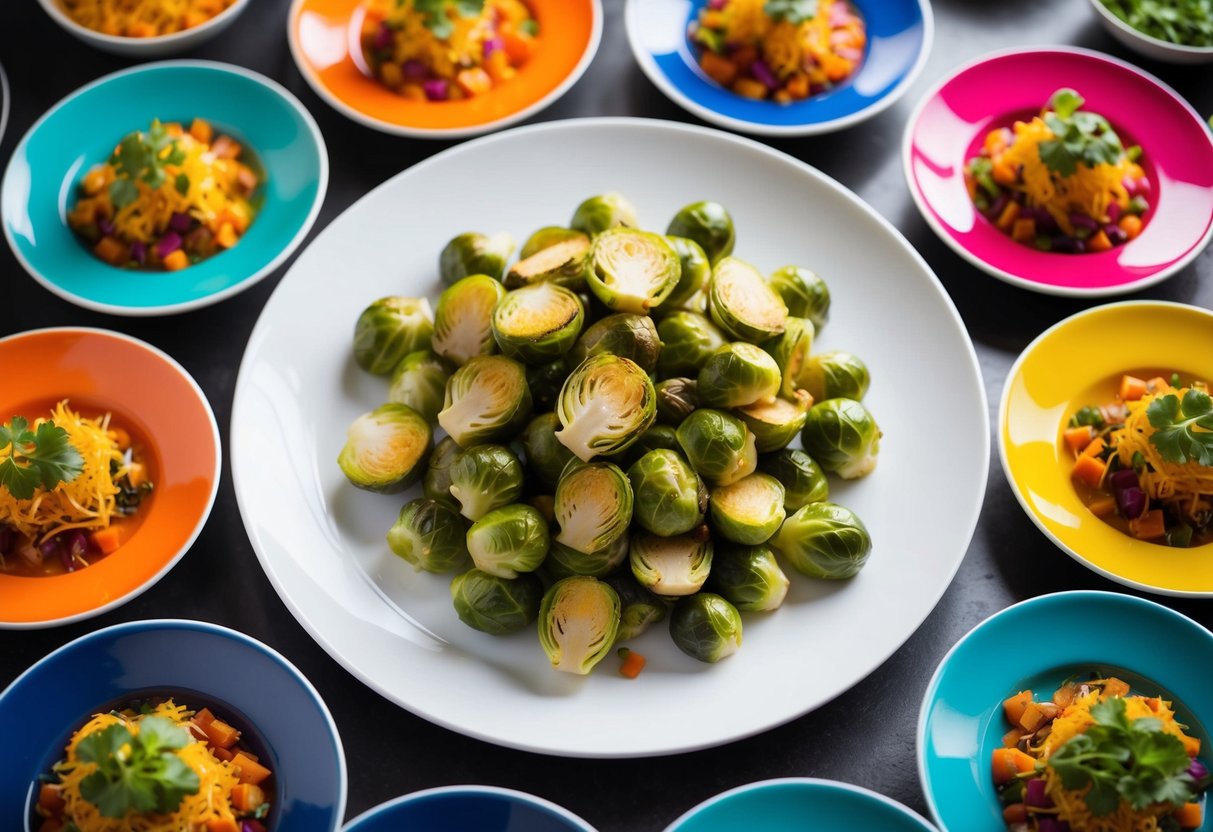 A plate of roasted Brussels sprouts surrounded by 25 colorful, vibrant dishes, with a sense of energy and movement