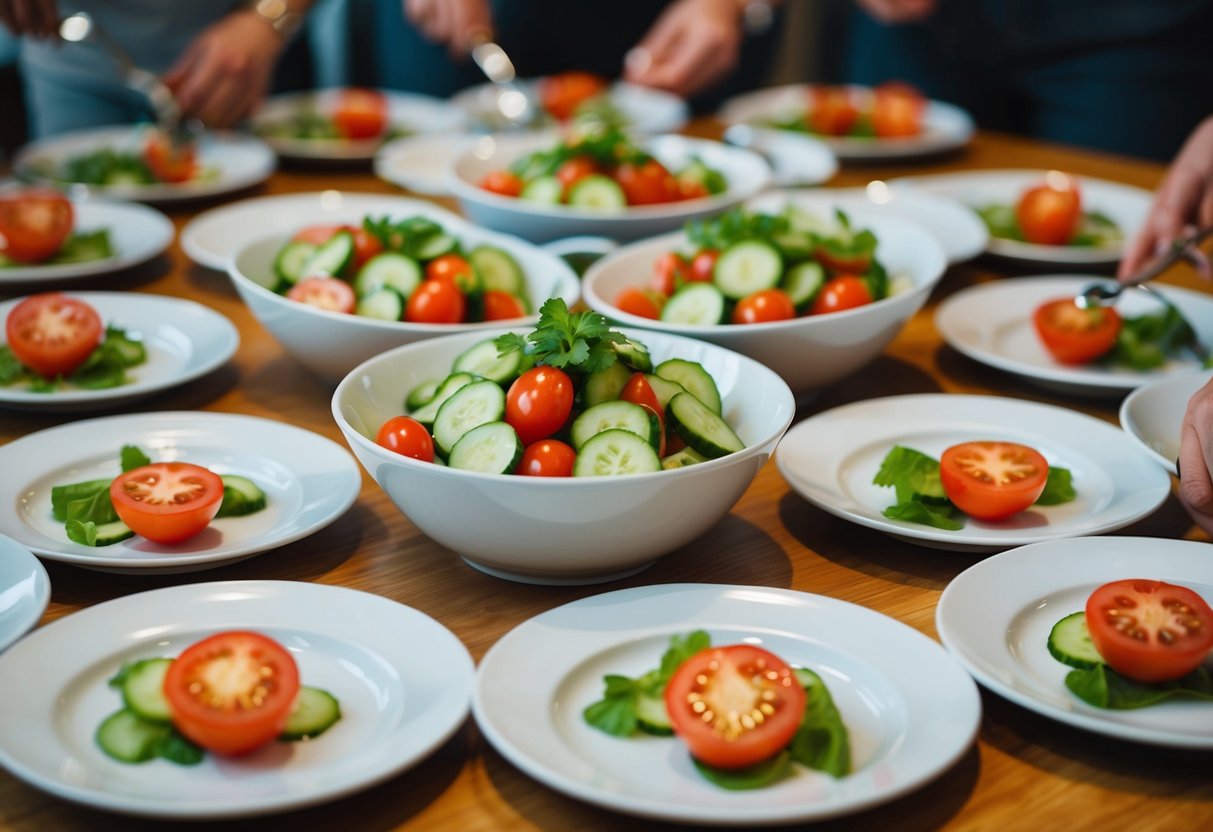 A bowl of fresh cucumber and tomato salad surrounded by 25 plates, ready to be served for zepbound participants