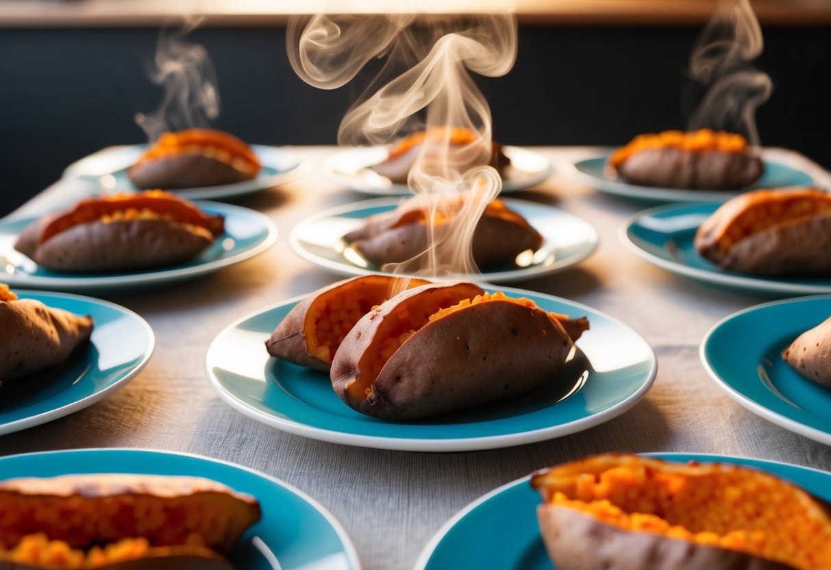 A table set with 25 baked sweet potatoes on plates, with steam rising from the hot food